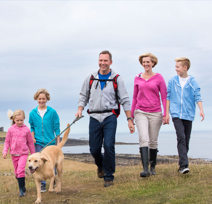 family walking their dog